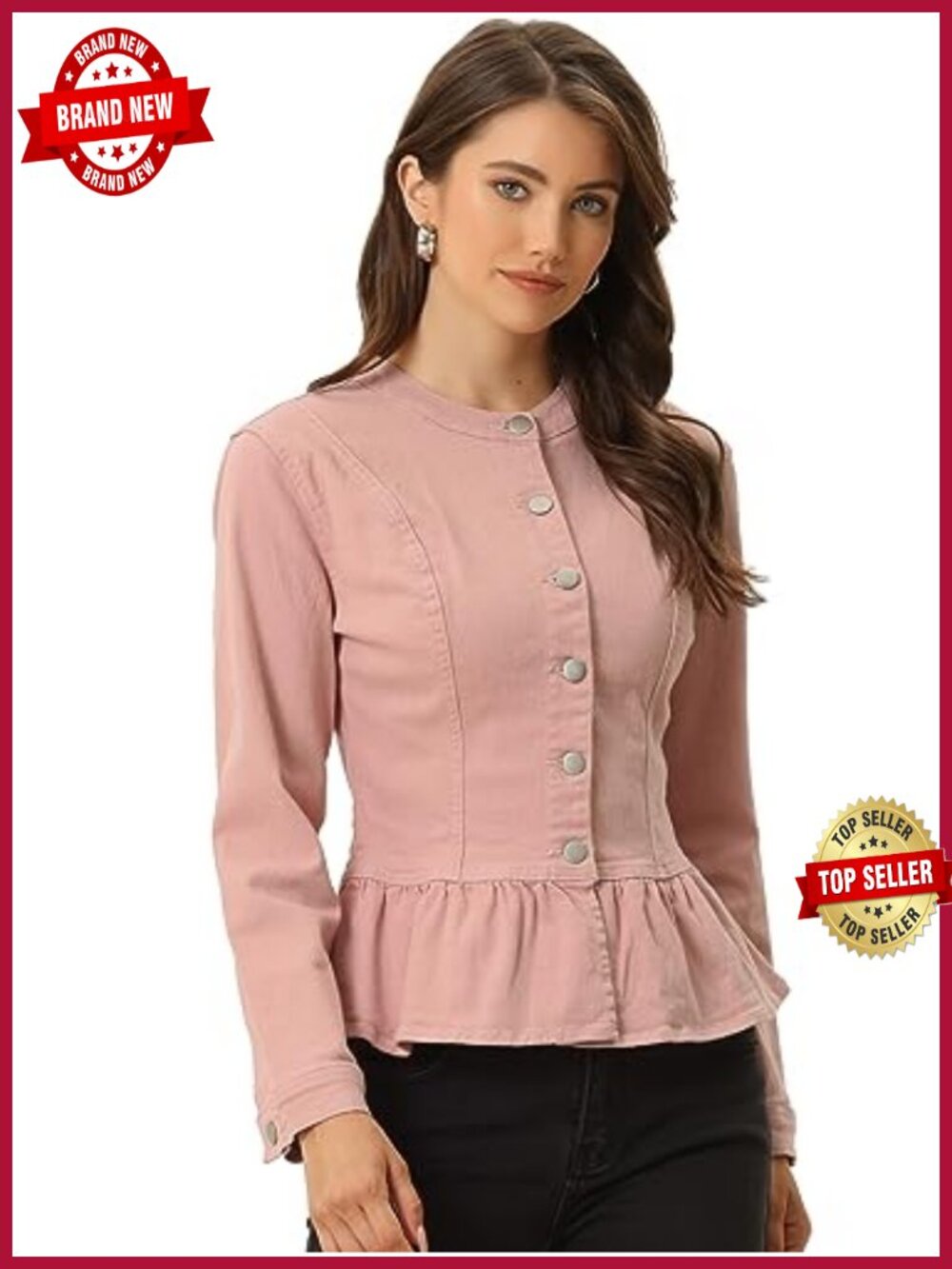 Women's Peplum Denim Jacket Round Neck Cropped Ruffle Hem Button Down